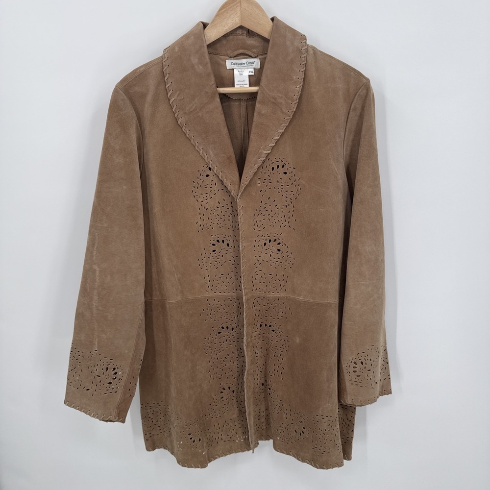 Coldwater Creek Womens Tan Suede Leather Eyelet Scalloped Blazer Size PXL Boho